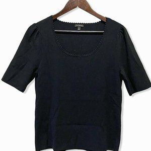 Talbots Women's M Petite Crop Top Knit 3/4 Sleeve Blouse Shirt Round Neck Black